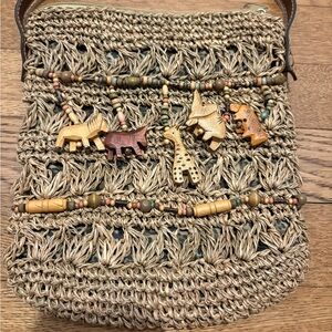 Cappelli Straworld Inc straw crossbody purse with beaded dangle jungle animals